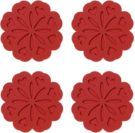 Set of 4 Silicone Trivet Mat - Hot Pot Holder Pads for Table & Countertop - Non-Slip & Heat Resistant Modern Kitchen Trivet for Dishes, Pots & Pans, Merlot Red