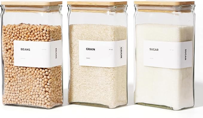 Glass Storage Jars with Bamboo Lid, glass canisters with airtight lids, Clear jars with lids for Spice, Cookie, Candy, Tea, Coffee Bean and Rice (White, 67 oz, Set of 3)