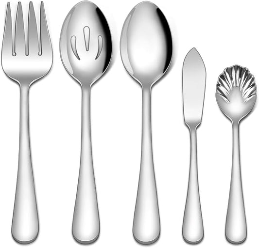 EUIRIO 5 PCS Serving Utensils Set, Large Stainless Steel Spoons Forks, Sugar Spoon and Butter Knife, Great for Hostess Buffet Catering Banquet Party, Mirror Polished, Dishwasher Safe, Silver