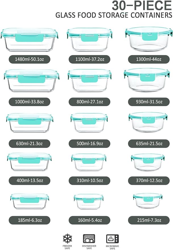 M MCIRCO 30 Piece Extra Large Glass Food Storage Containers with Lids,Green | Glass Meal Prep Containers,Airtight Lunch Containers with Lids, Microwave, Oven, Freezer and Dishwasher Friendly, BPA Free