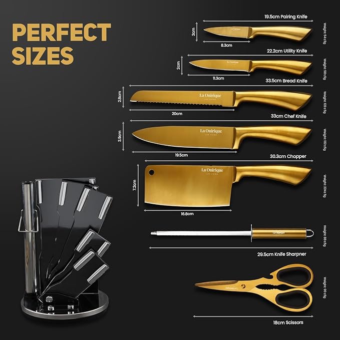 Luxury Black & Gold Kitchen Knife Set with Block & Rod Sharpener – 8-Piece Titanium-Coated Stainless Steel Knives, Ultra Sharp Chef Knife Set, Ideal Knives Set for Kitchen