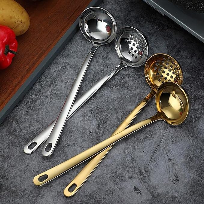 Soup Ladle Skimmer Spoon Set Large 2.9 Inches Bowl Long Handle Stainless Steel Strainer Colander Hot Pot Server - Gold