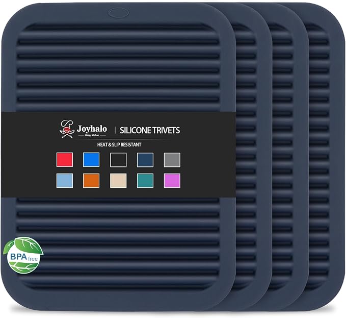 4 Pack Square Silicone Trivets | Hot Pads for Kitchen, Hot Pots and Pans, Hot Dishes, Countertops, Heat Resistance to 480°F, Navy