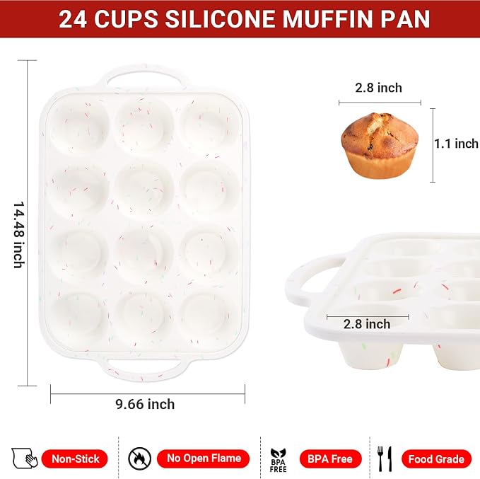 Redfly Silicone Muffin Pans for Baking 12 Cup with Metal Reinforced Frame, Nonstick 2Pack Regular Size Cupcake Pan, BPA Free Food Grade, Easy Release, Dishwasher Oven Freezer Safe for Egg Bite Molds
