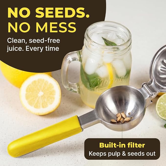 Stainless Steel Lemon Squeezer Press - No Seeds, Pro-Grade, Effortlessly Get Every Drop - Manual Non-Slip Grip Design - Lemon Lime Squeezer, Orange, and Citrus Fruit Hand Held Lemon Juicer Squeezer