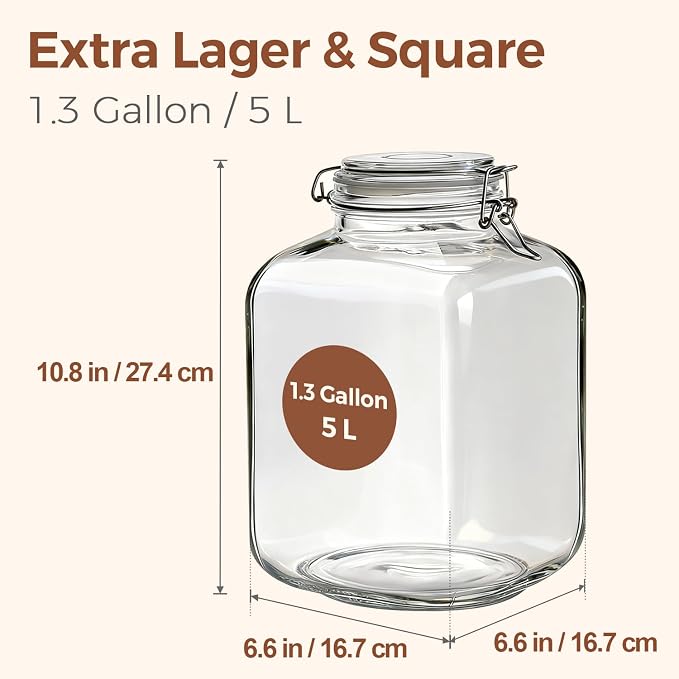 ComSaf Square Glass Jars with Airtight Lid 1.3 Gallon 2 Pack Large Canister | Flour sugar rice, Kombucha pickling, Pantry organization, Bulk storage, Pickling fermenting, Cabinet organization, Snacks