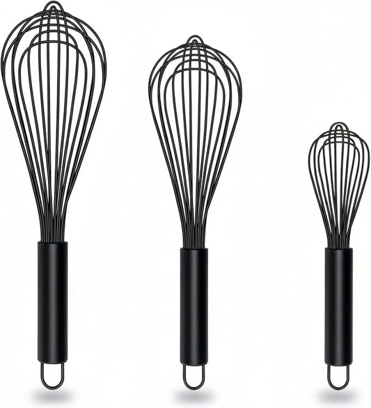 TEEVEA Silicone Whisk Set Non Scratch BPA Free for Nonstick Cookware, 3 Piece 8/10/12 Inch Stainless Steel Core Heat Resistant, Egg Beater for Cooking Baking, Black