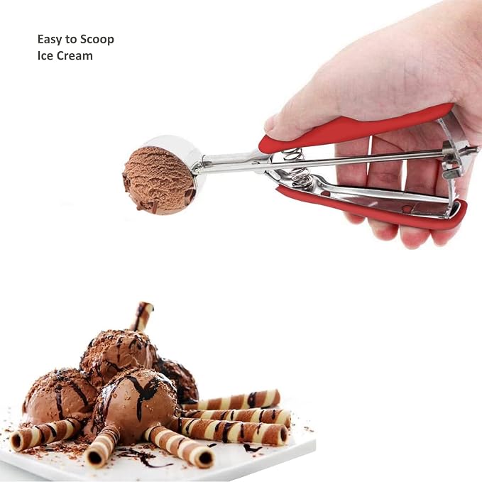 Cookie Scoop Set, 3Pcs Ice Cream Scoop, Cookie Scoops for Baking Set of 3, 18/8 Stainless Steel Cookie Scooper for Baking, Ice Cream Scooper with Trigger Release, Red Soft Grip Cookie Dough Scoop