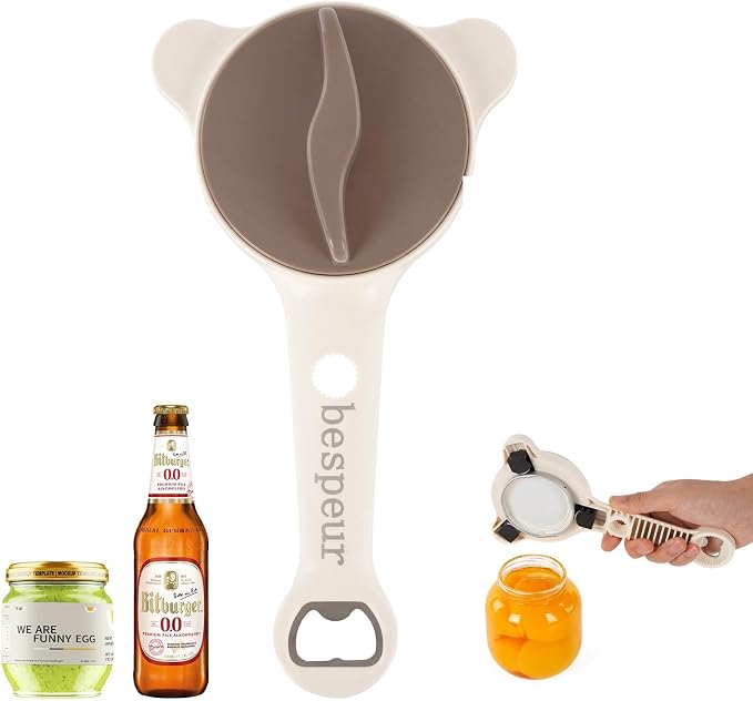 4-in 1 Adjustable Jar Opener for Seniors, Arthritis & Weak Hands, Stainless Steel Lid Opener for Jars, Bottles & Corkscrews, Easy Grip Kitchen Tool for Pickle Mason Jars