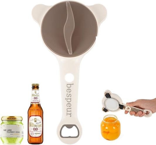 4-in 1 Adjustable Jar Opener for Seniors, Arthritis & Weak Hands, Stainless Steel Lid Opener for Jars, Bottles & Corkscrews, Easy Grip Kitchen Tool for Pickle Mason Jars