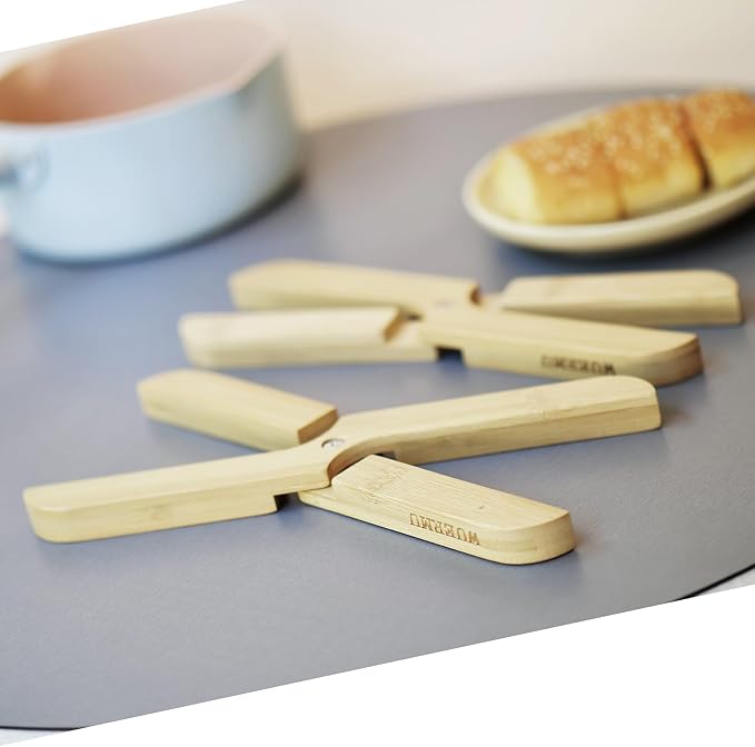 Natural Foldable Bamboo Trivet Set - 2 Trivets, Hot Pads Trivet, Table Solid Bamboo Wood Trivets for Hot Dishes, Pot, Bowl, Teapot, Hot Pot Holders (10 Inch)