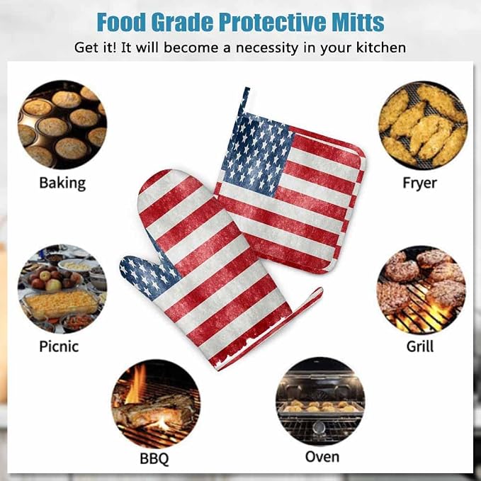 Mxocom Grungy Us Flag Oven Mitts and Pot Holders Sets Vintage American Flag Red Stripes Ancient Country Flag Silicone Heat Resistant Kitchen Oven Gloves Pot Holder for Cooking