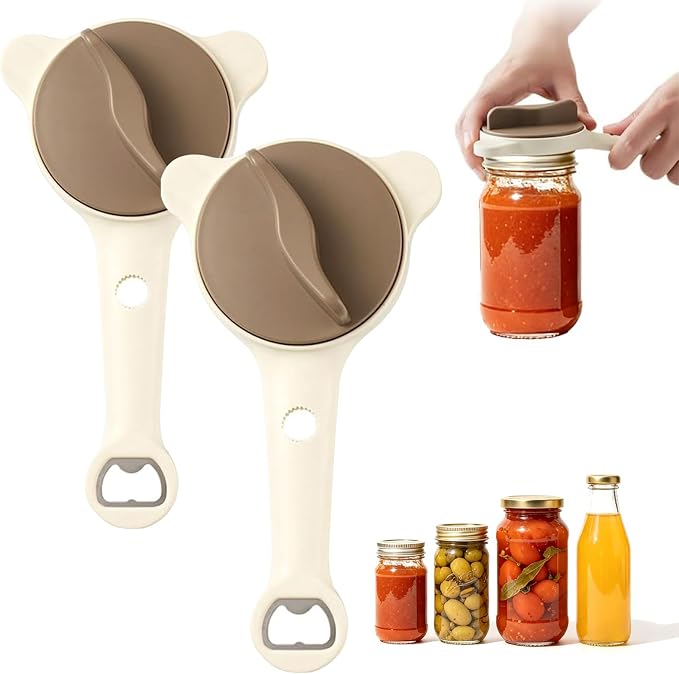 2 Pcs 2026 New 4-in-1 Jar Opener-Adjustable Stainless Steel Lid Remover for Seniors & Arthritis,Non-Slip Grip Fits 1″-3.5″Jars,Bottles & Cans (Brown)