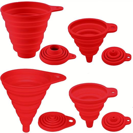 3 Sizes of Collapsible Silicone Funnel Set - 4 Pack Kitchen Accessories for Filling Bottles (Red)