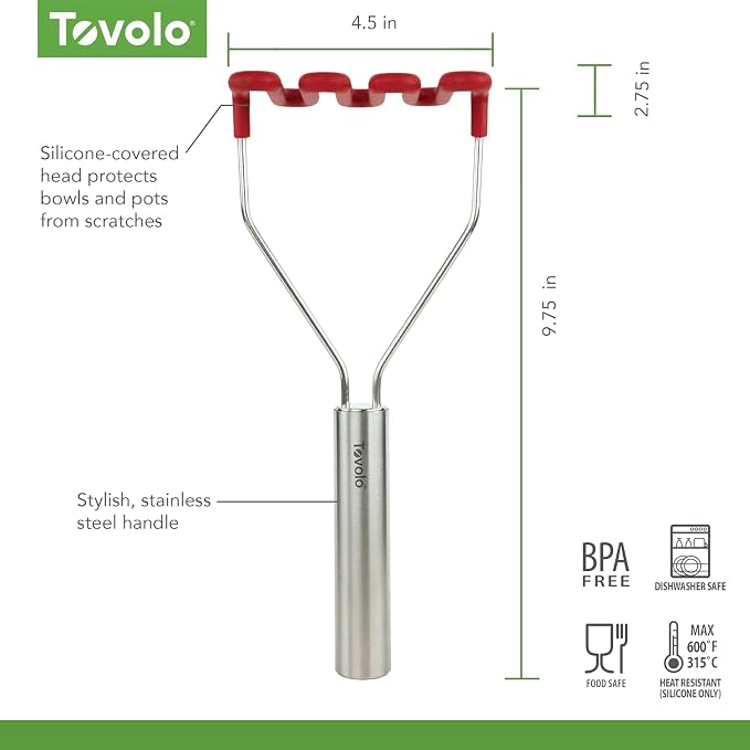 Tovolo Silicone Potato Masher Stainless Steel Handle Cayenne Red Dishwasher Safe Heat Resistant Non Scratch Handheld Coil Wire Potato Smasher for Nonstick Pans Ergonomic Kitchen Food Prep Tool