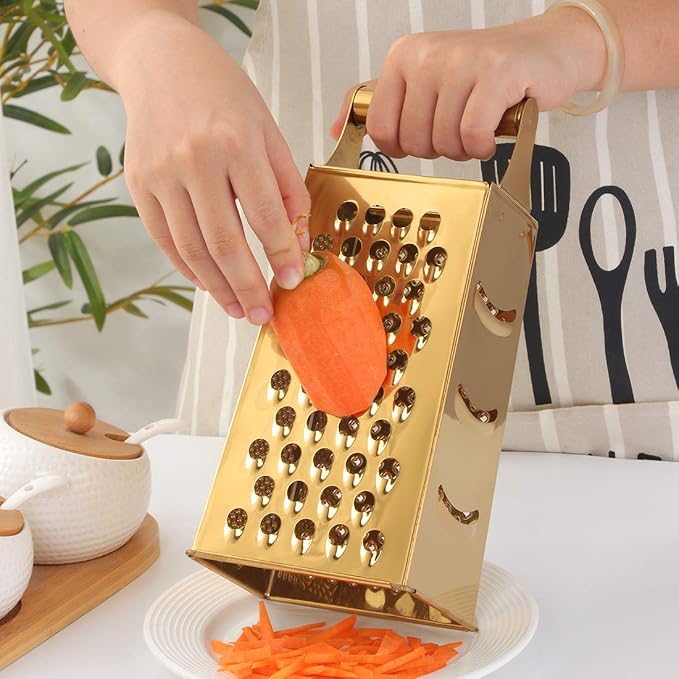 Handheld Cheese Grater Box for Kitchen, Stainless Steel 4 Sided Cheese Grater with Handle for Grinding Shredding & Slicing, Dishwasher Safe (Gold)