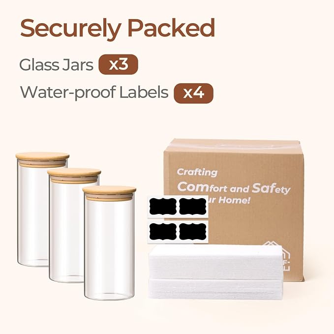 ComSaf Glass Storage Containers wtih Lids 1.5 Qt, Set of 3 Food Storage Jar | Glass Containers with Bamboo lids, Glass Canisters 45oz, Kitchen Cabinet Storage, Tea, Spice, Coffee, Dry Food, BPA Free