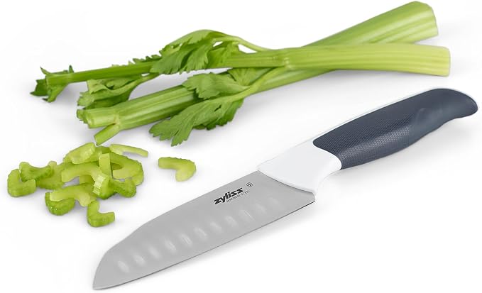 Zyliss Comfort Mini Santoku Knife, 12cm/4.5in, Japanese Stainless Steel, Non Slip Handle, Cover for Safety, Black/White, Professional Kitchen Knife, Dishwasher Safe