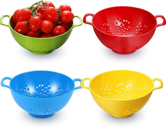 Baderke 4 Pack Mini Colander for Kitchen Plastic Berry Strainer with Double Handles 7.5 x 6 x 3 Inch Small Colander Strainer for Fruits Vegetables Food (Green,Red,Blue,Lemon Yellow)