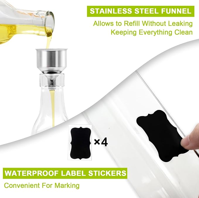Showvigor Olive Oil Dispenser Bottles, 2Pack 17oz/500 ml Square Glass Tall Oil Bottles with 4 Labels, 2 Pourers and 1 Funnel