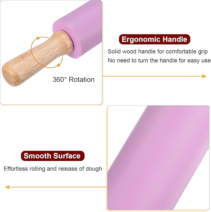 HARFINGTON 2pcs Silicone Rolling Pins for Baking 14.96 Inch Non-Stick Silicone Surface Wooden Handle Rolling Pin Small Roller Playdough Rolling Pins for Fondant Kitchen Dough Pizza, Purple