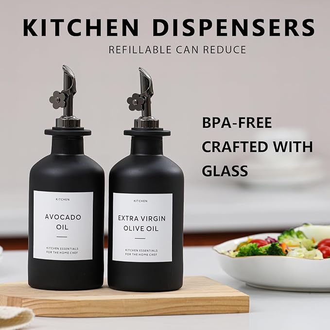 HOMCDALY Olive Oil Dispenser for Kitchen, 12oz Glass Kitchen Dispenser Bottle, Black Oil&Vinegar Cruet Set, Leakproof Olive Oil Bottles | Set of 2 (12oz – Black)