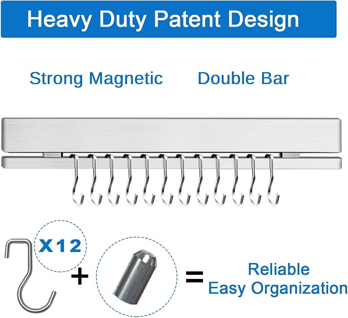 17 Inch Magnetic Knife Holder for Wall No Drill/Drill with 12 Hooks-Strong Adhesive Double Bar Knife Magnetic Strip-Kitchen Utensil Holder-304 Stainless Steel Magnetic Knife Block