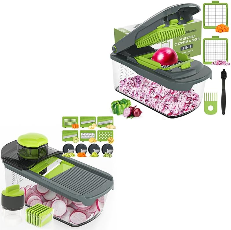 Ourokhome 10 in 1 Mandolin Slicer with Handheld Spiralizer, Multifunctional Vegetable Shredder Vegetable Chopper Onion Cutter with Container, Multifunctional Food Chopper Veggie Dicer with 2 Blades