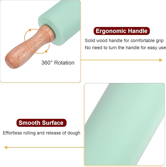 HARFINGTON 2pcs Silicone Rolling Pins for Baking 12.2 Inch Non-Stick Silicone Surface Wooden Handle Rolling Pin Small Roller Playdough Rolling Pins for Fondant Kitchen Dough Pizza, Green