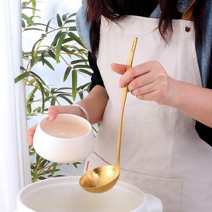 Buyer Star 2 Pcs Soup Ladle Spoons, Gold Cookware Serving Long Handle Steel Slotted Spoon Cooking Utensil Set for Hotpot