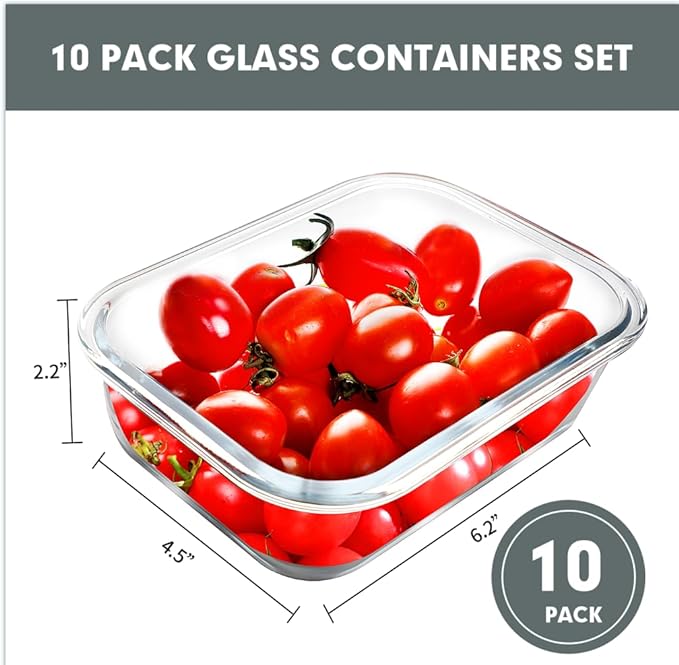 VERONES 10 PACK 22 OZ Glass Meal Prep Containers Set with Lids, Grey | Airtight Glass Lunch Containers Set, Glass Food Storage Containers, for Microwave, Oven, Freezer & Dishwasher Friendly