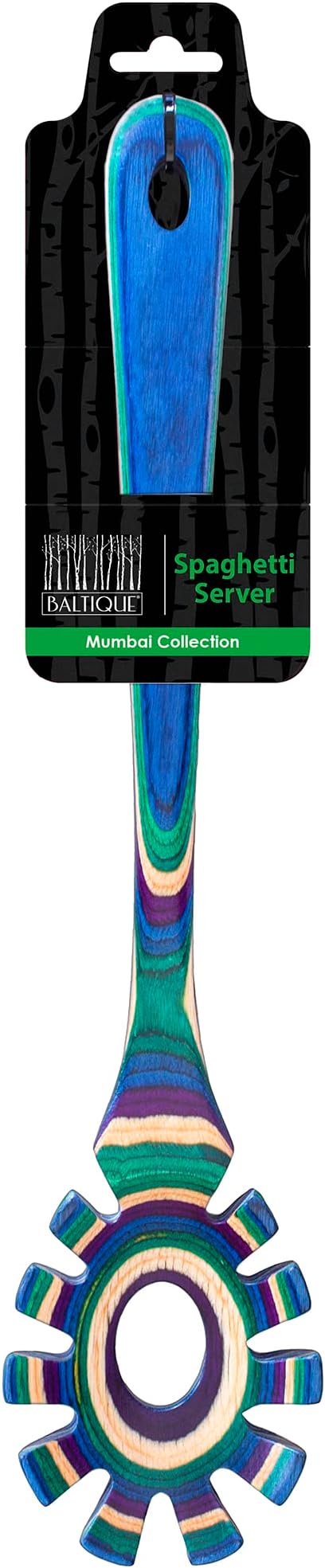 Baltique Mumbai Collection Wooden Spaghetti Spoon – 12.5" Pasta Server with Teeth, Colorful Birch Wood Utensil for Portioning, Stirring & Serving Noodles