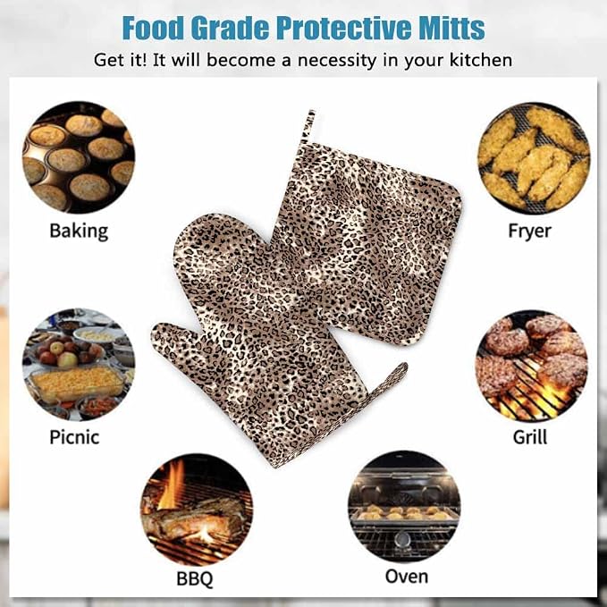 Mxocom Striped Leopard Oven Mitts and Pot Holders Sets Animal Skin Silicone Heat Resistant Kitchen Oven Gloves Pot Holder for Cooking