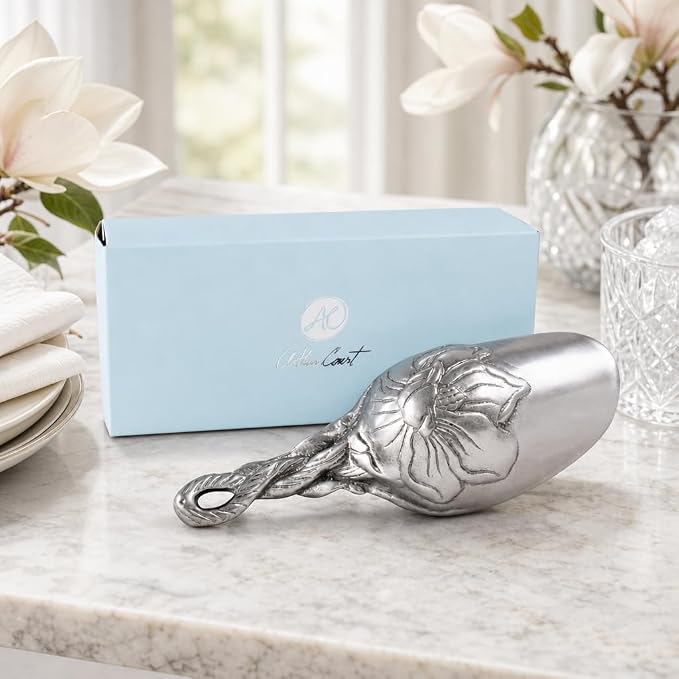 Arthur Court Magnolia Ice Scoop - Premium Sand Casted Aluminum - Elegant Ice Serving Tool - 8" Long