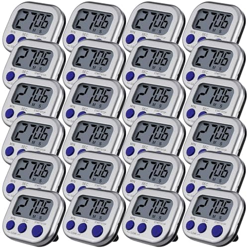 Leumoi 24 Pack Multi-Function Digital Timers with Magnetic Back, Large LCD Display, Loud Alarm, Count up & Countdown, Memory Function for Cooking, Classroom, Study, Exercise & Work(Sliver and Blue)