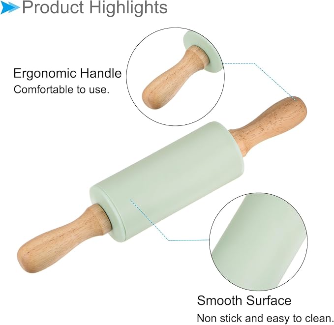 Silicone Rolling Pins, 9.25" Length, Silicone & Oak Non-Stick Ergonomic Wooden Handle Fondant Dough Roller Light Green - (Applications: for Baking DIY Projects)