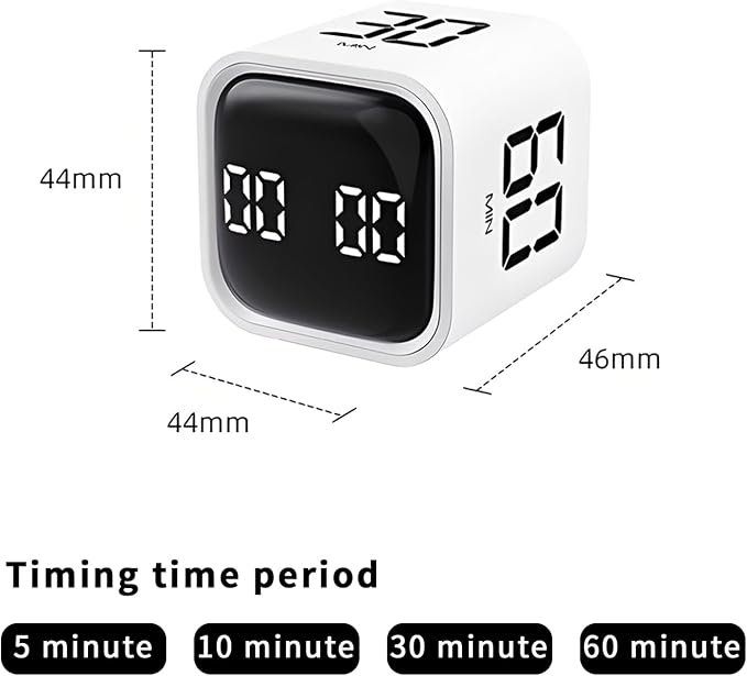 Qumox Pomodoro Timer, Cube Productivity Timer with Adjustable Sound and Vibration Alert, Ideal for Work, Office, ADHD, Study, and Tasks - 5/10/30/60 Minutes & Custom Countdown - White
