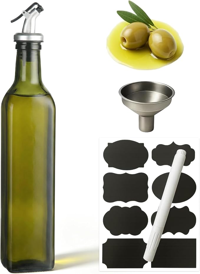 WERTIOO Green Oil Dispenser for Kitchen 1Pack, 17oz Olive Oil Dispenser Set | 500ml Oil and Vinegar Dispenser Set, Olive Oil Bottles for Kitchen, Glass Bottles for Vinegar, with Pourer, Funnel and Label