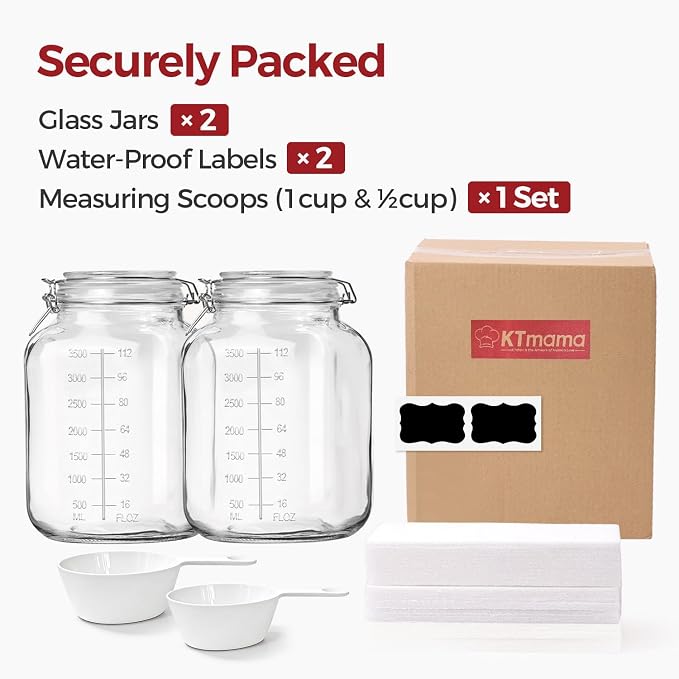 Large Glass Jars with Airtight Lids 1.1 Gallon 2 Pack Flour Jar | Wide Mouth, Scoop Included, Flour Sugar Storage Containers,Baking Supplies,Leak Proof,BPA-Free,Pantry Organization, Pickling