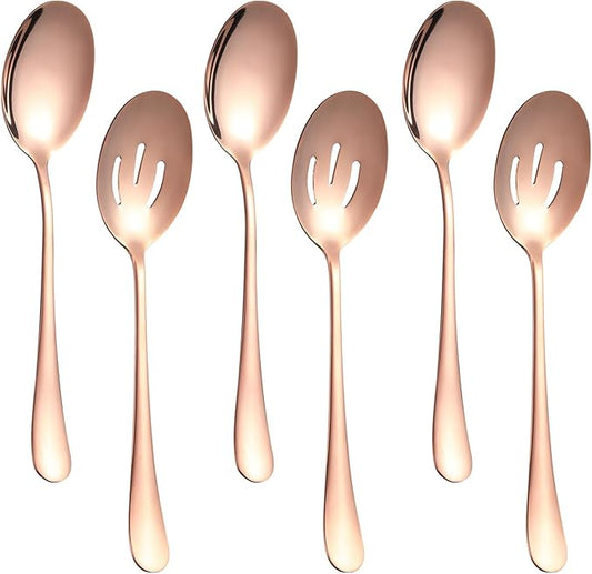 6 Pieces Serving Spoons Set, 8.7 Inch Serving Spoon, Includes 3 Serving Spoons and 3 Slotted Spoons, Stainless Steel Buffet Banquet Spoons, Large Spoons Utensils Cutlery Set for Kitchen, Rose Gold