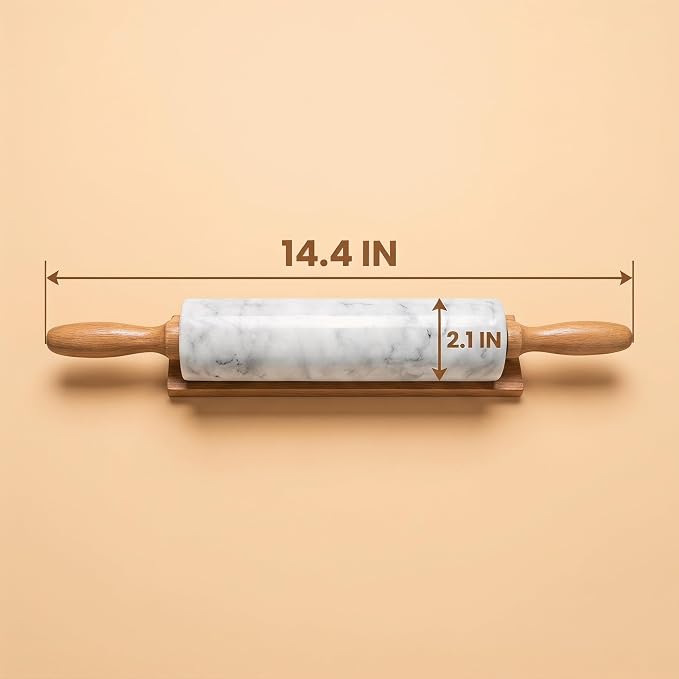 White Marble Rolling Pin for Baking 8inch Barrel，Dough Roller | With Wooden Handles & Wood Cradle, Non-Stick Dough Roller for Pizza, Pasta, Fondant, Pie Crust, Pastry & Cookies