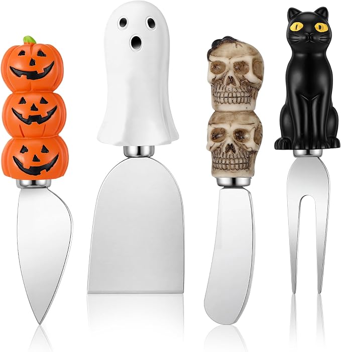 Jingmore 4 Pcs Halloween Cheese and Butter Spreader Knives Decor Pumpkin, Black Cat, Ghost, Skull Hand Painted Resin Handle with Stainless Steel Blade Multipurpose (Cheese Knives Set)