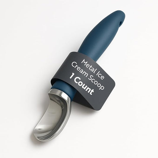 Restaurantware Comfy Grip 7.9 x 2 Inch Kitchen Ice Cream Scoop 1 Heavy-Duty Ice Cream Disher - Ergonomic PP Handle Dishwashable Navy Blue Metal Ice Cream Spade With Lid Opener Notch Multi-Use