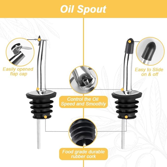 Olive Oil Dispenser Bottle, 2-Pack 500ml Glass Oil Dispenser for Kitchen with Stainless Steel Pourers - Oil and Vinegar Bottles Set Includes 2 Spouts, 4 Labels, 1 Funnel & 1 Brush