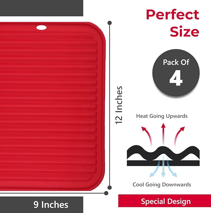 Silicone Trivets for Hot Dishes, Pots, Pans (4 Pack) - Heat-Resistant Pot Holders for Kitchen Countertop Mats - Silicone Trivet Mat (9 x 12 Inch) - Multipurpose Counter Pads (Red)