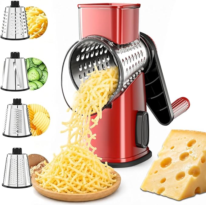 VEKAYA Rotary Cheese Grater Hand Crank with 4 Interchangeable Stainless Steel Blades, Large Manual Handle Shredder and Waffle Slicer for Vegetables, Cheese and Nuts with Table Suction Base (Red)