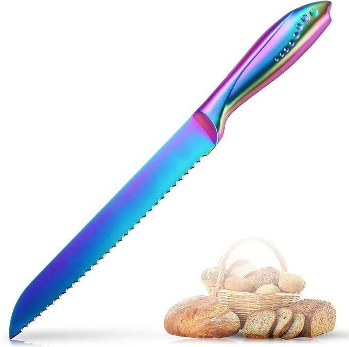WELLSTAR Bread Knife 8 Inch, Serrated Bread Cutter, Ultra Sharp German Stainless Steel Blade and Comfortable Handle with Rainbow Titanium Coated for Slicing Breads Loaves Bagel Cake and Large Fruit