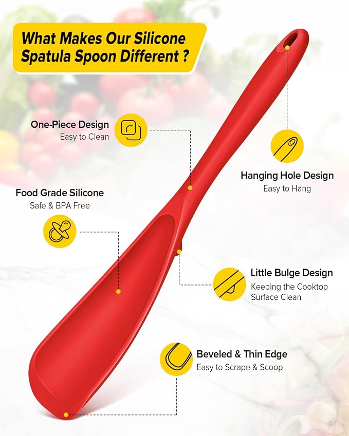 Pack of 2 Cooking Spoons for Non Stick Cookware, Multifunction Spatula Spoon BPA-Free, One-Piece Design, Suitable for Scooping, Scraping, Serving and Mixing (RED)