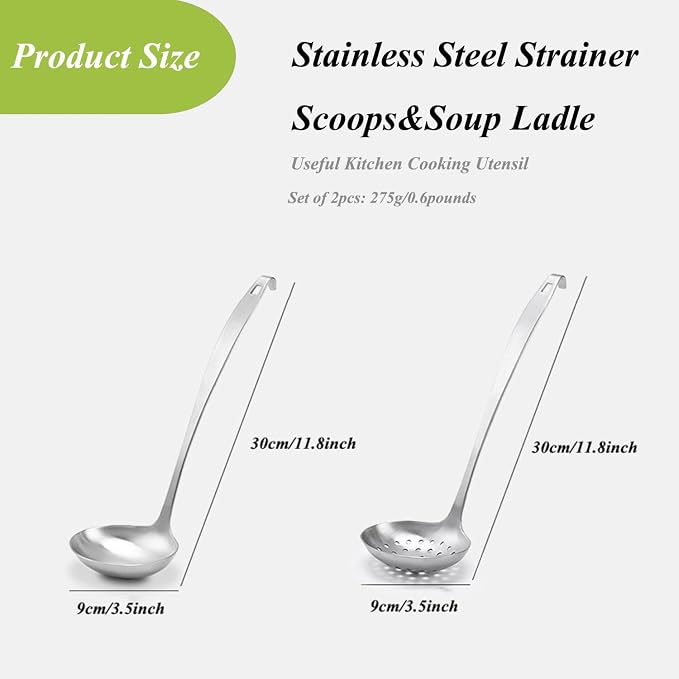 Cooking Ladles,Serving Scoop And Ladle Strainer Set Of 2 with Hook and Hole for Easy Hanging,Stainless Steel Soup Ladles Set for Kitchen