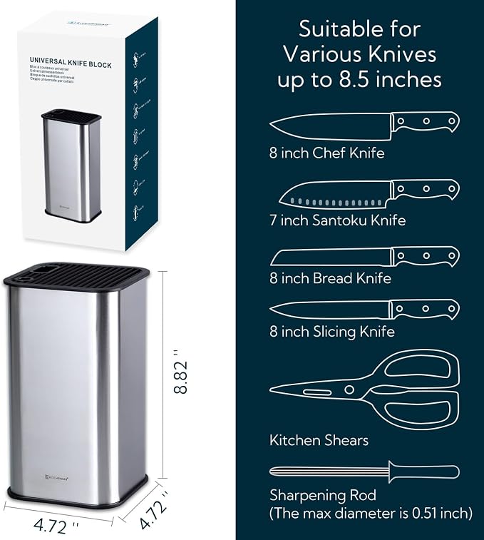 KITCHENDAO XL Stainless Steel Universal Knife Block Holder Without Knives, with Slots for Scissors and Sharpening Rod, Detachable for Easy Cleaning, Slotless Knife Holder Storage for Kitchen Counter